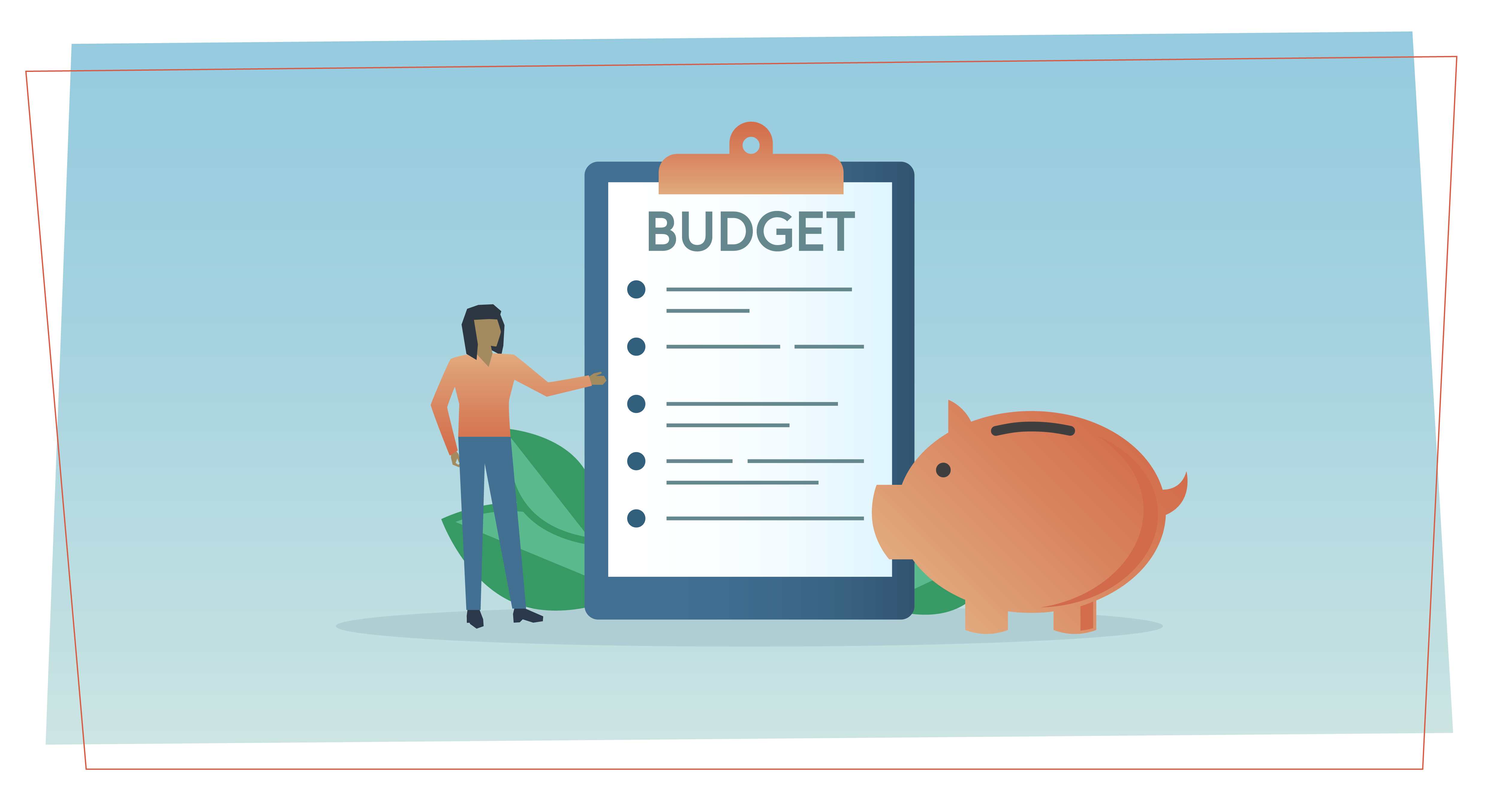 a giant clipboard with a paper titled "budget", a woman pointing to it on the left and a piggy bank looking at it on the right