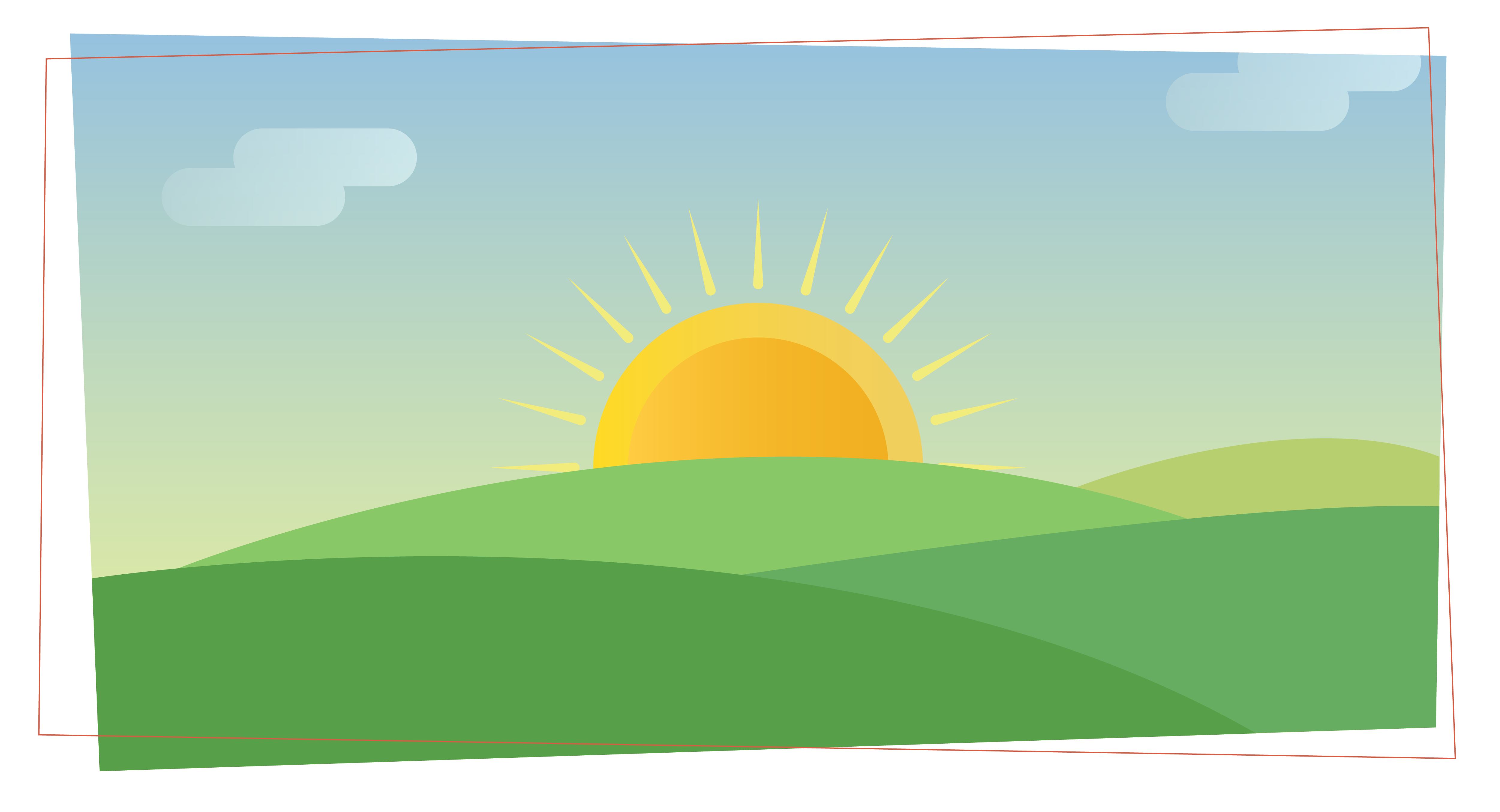a sun rising over green hills