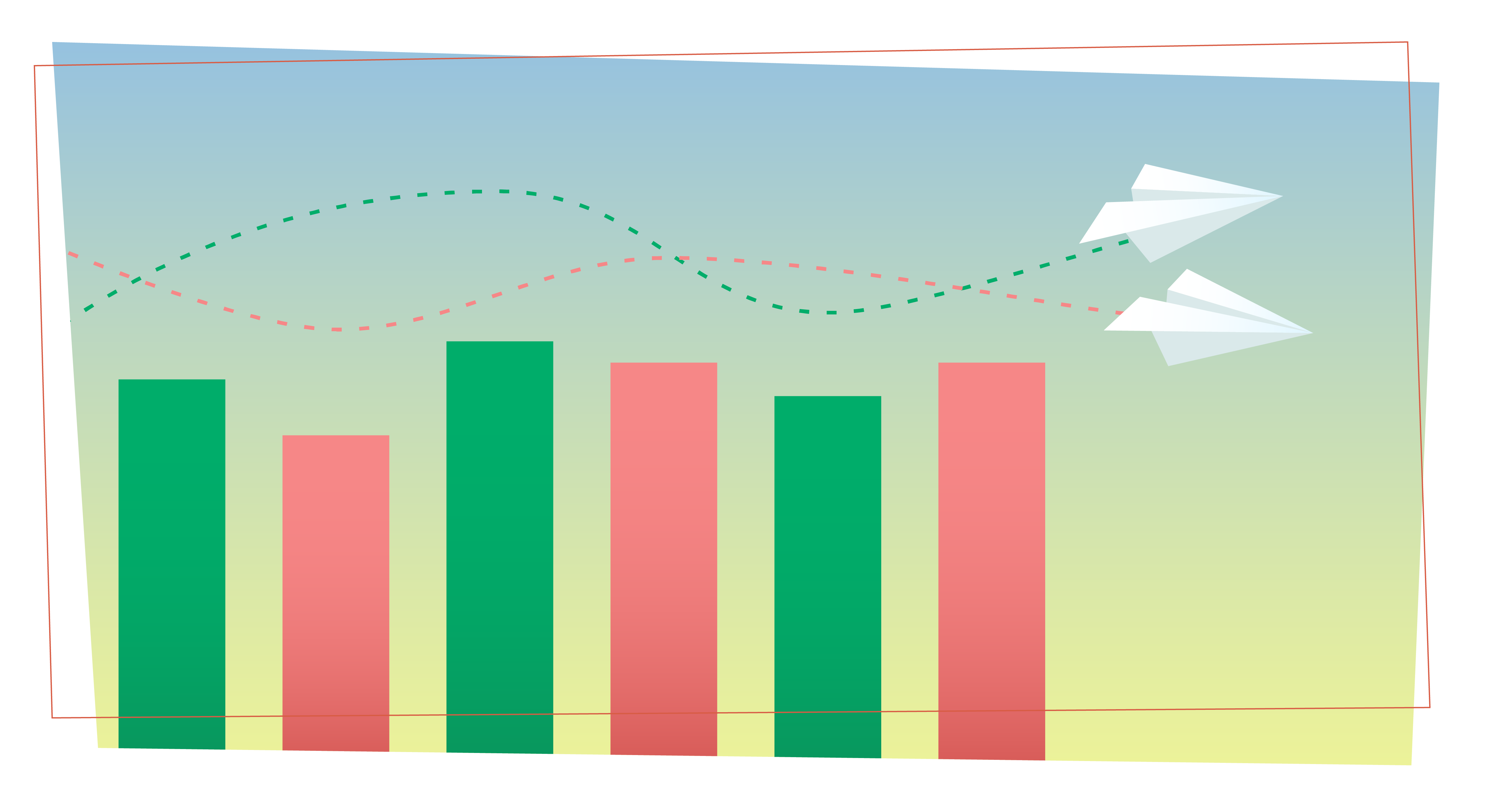 two paper planes have intersecting paths as they fly over a bar chart with red and green bars