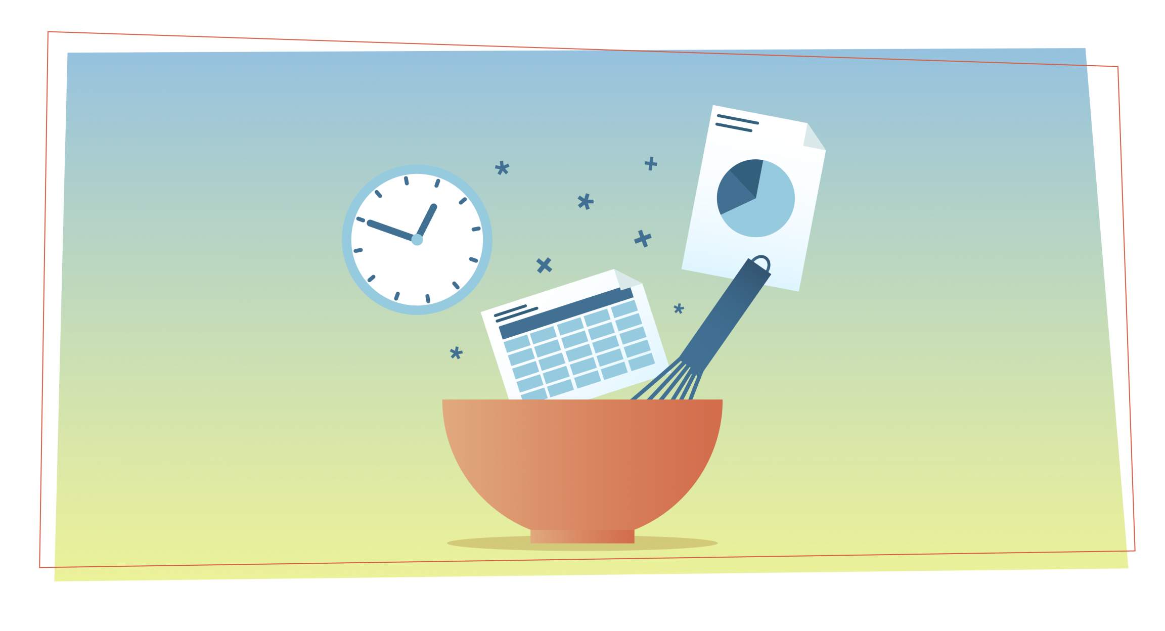 a mixing bowl with spreadsheets and charts