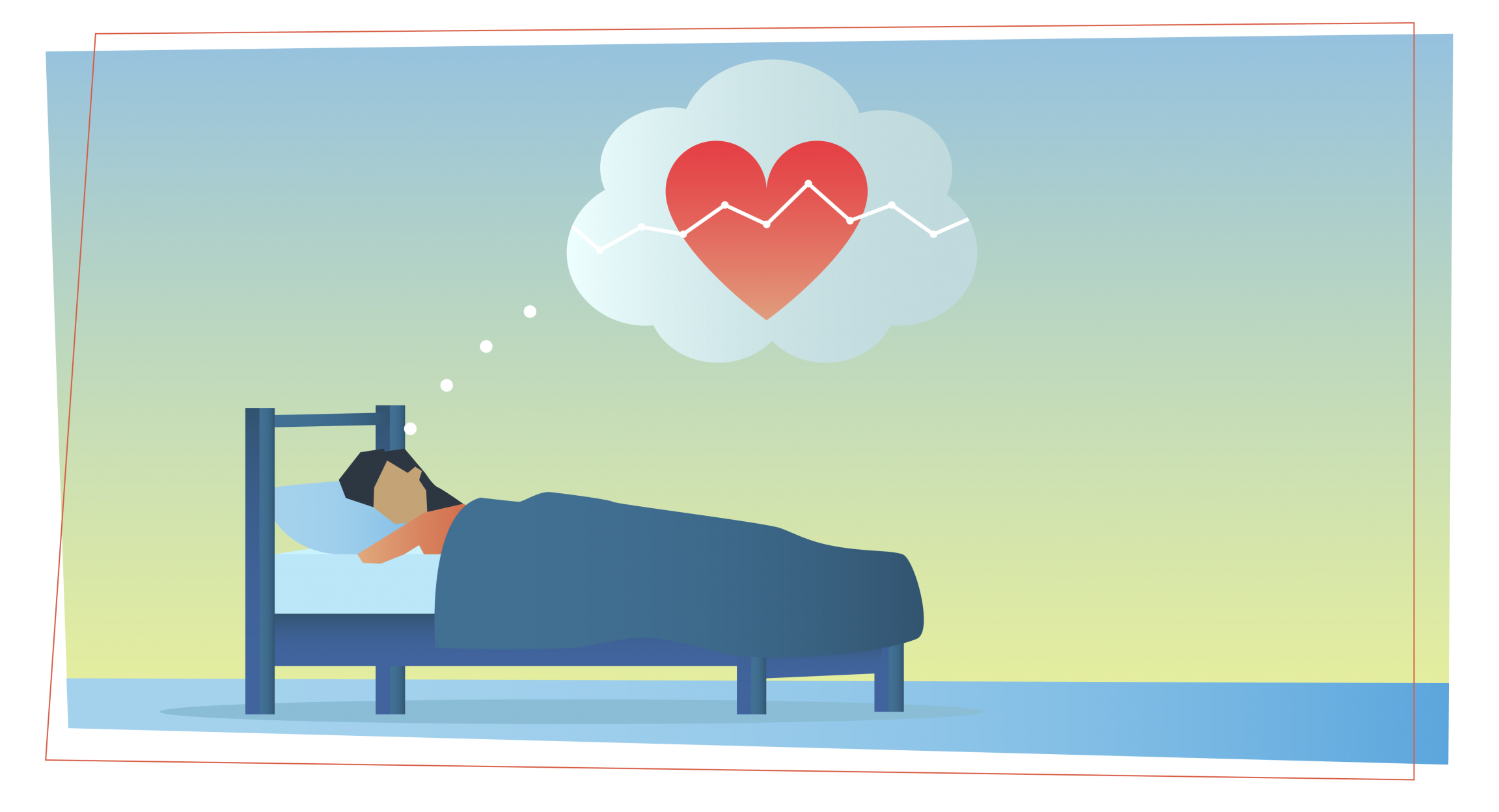 a woman is asleep in a bed and is dreaming of a heart with a cash flow line across it