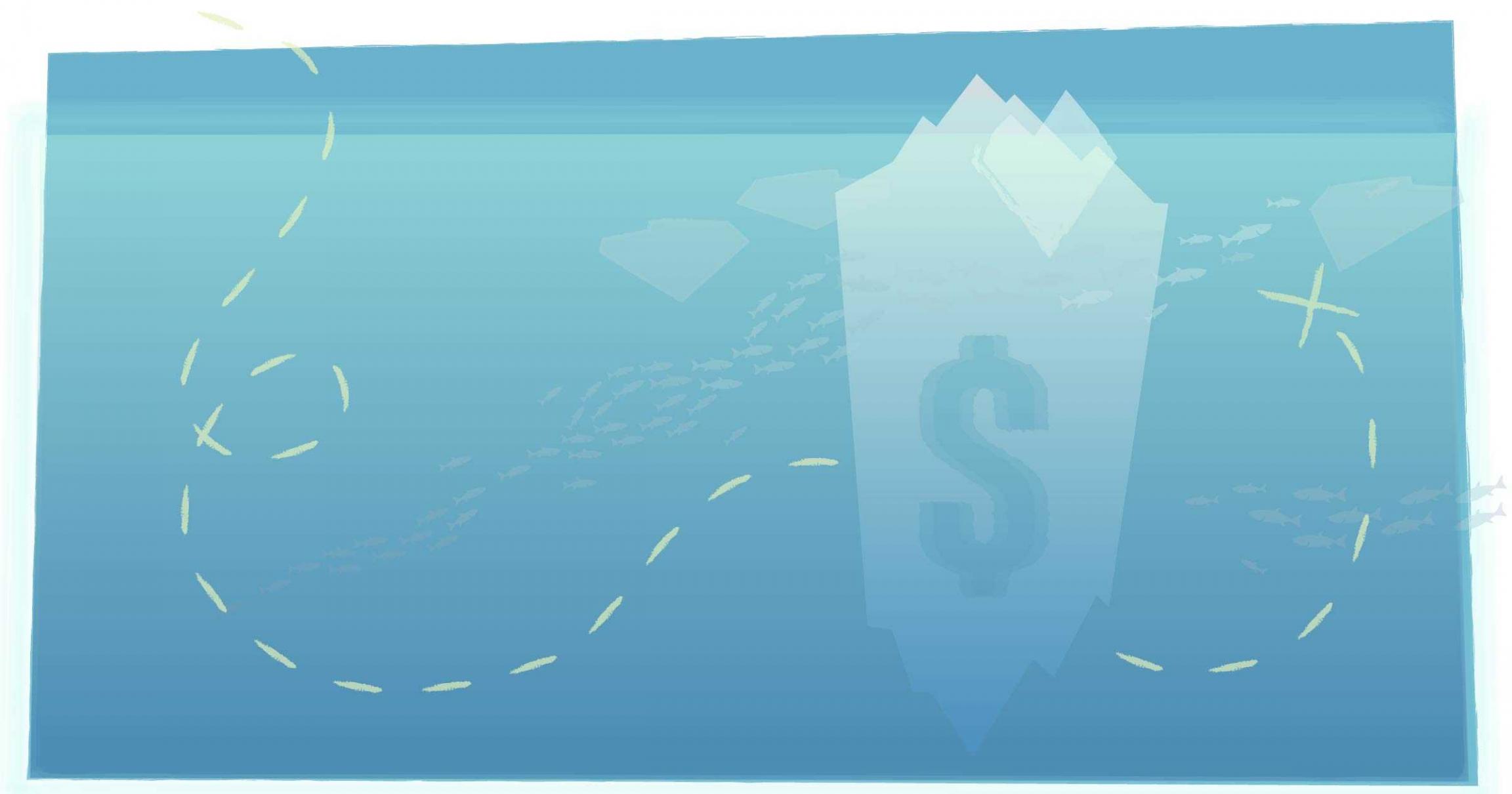 an iceberg with a dollar sign on it as seen underwater