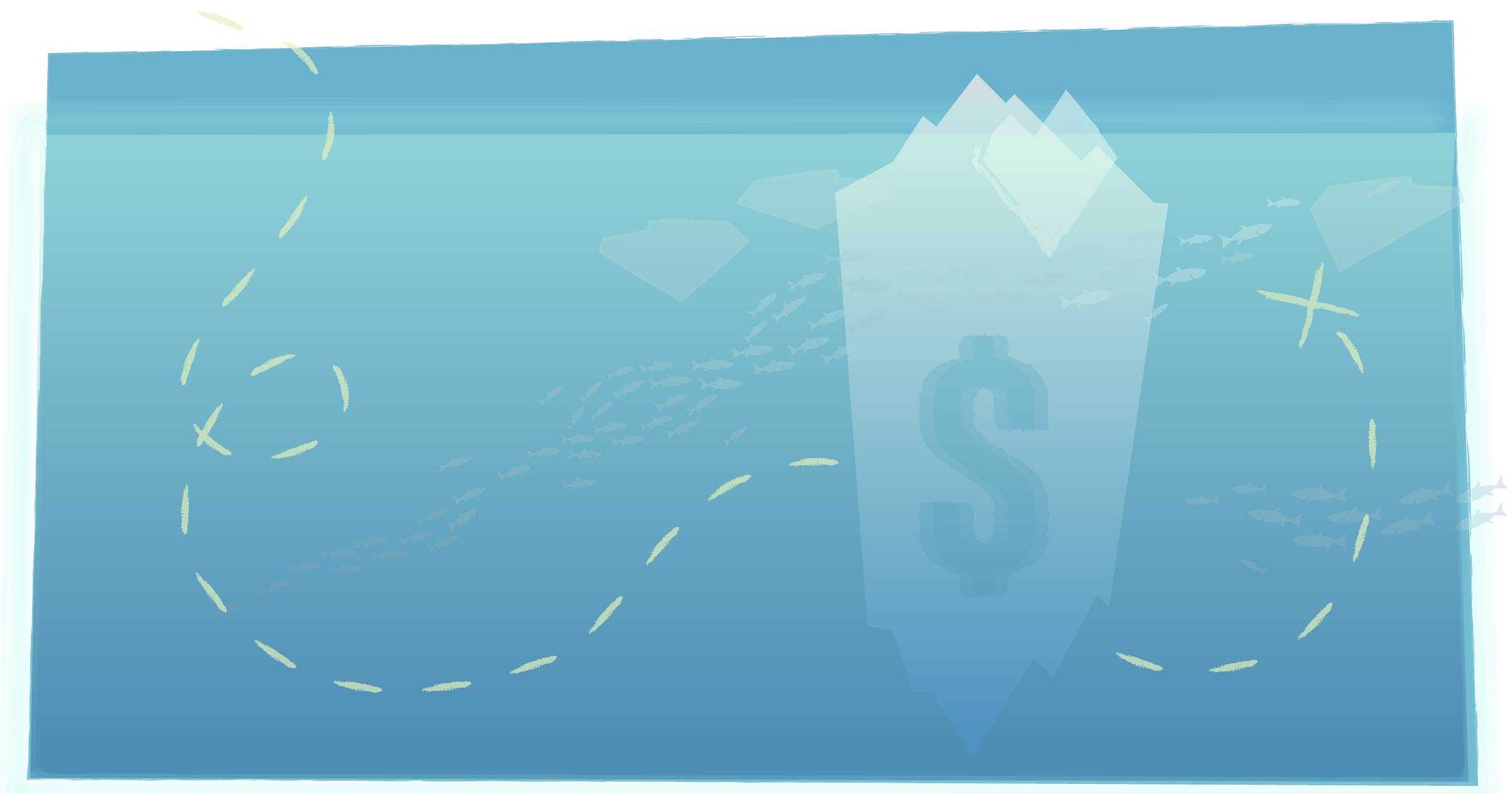 an iceberg with a dollar sign on it as seen underwater