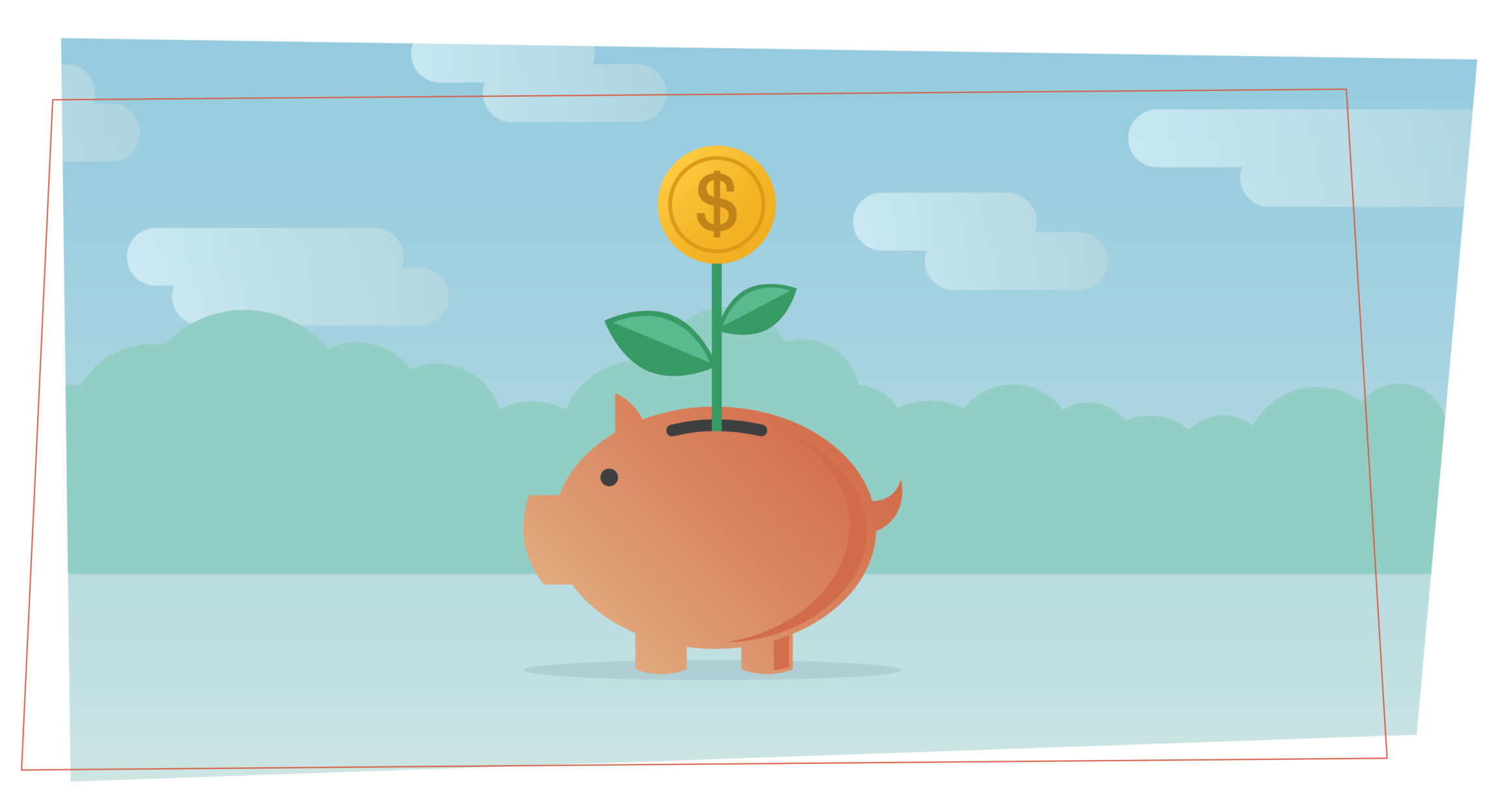 a piggy bank with a flower growing out of it but the top of the flower is a gold coin